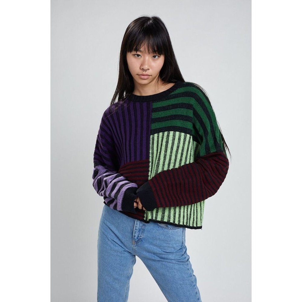 The Ragged Priest Klutz Knit Oversized Cropped Sweater Colorblock SZ L